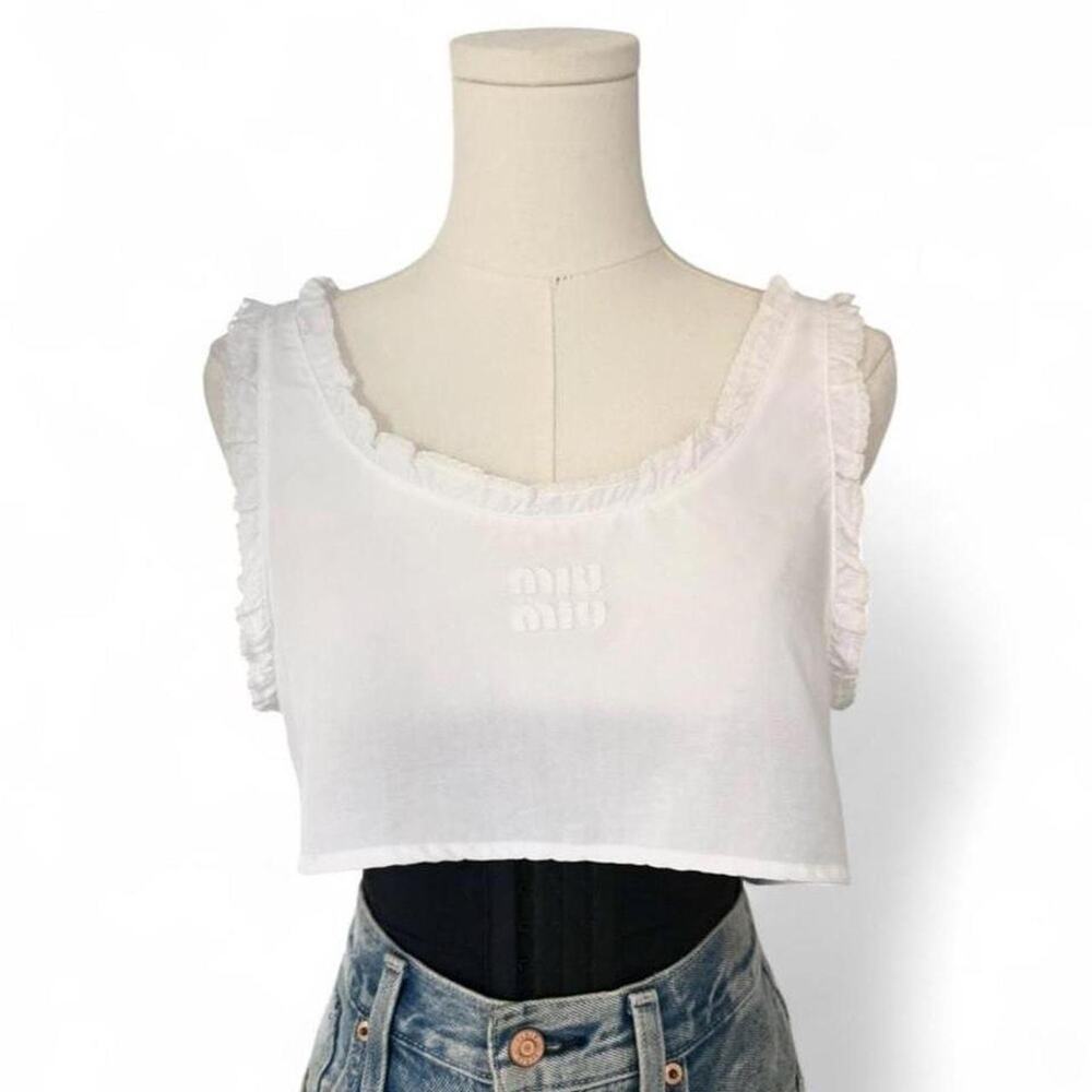 MIU MIU RUFFLED LINEN-COTTON CROP TOP